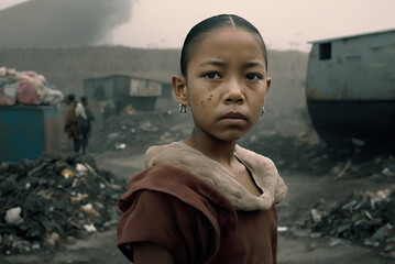 a Latinin american poor 13 years girl, indigenous, shaved hair, runnning surprised in a garbage dump environment background.generative ai. - obrazy, fototapety, plakaty
