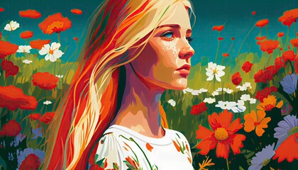 Woman standing in a field of flower, Generative AI