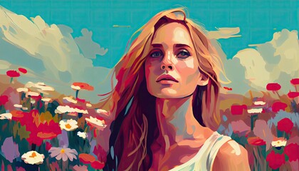 Obraz na płótnie Canvas Woman standing in a field of flower, Generative AI