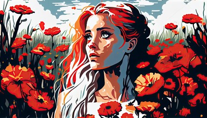 Naklejka premium Woman standing in a field of flower, Generative AI