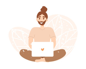 Smiling man with laptop sitting in the lotus pose. Vector character in flat cartoon style. Concept of freelance, working or studying from home, online education