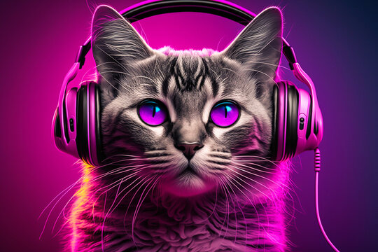 Pockmarked cat muzzle in headphones on neon lights background, graphic art. Abstract portrait, stylish design. Music concept. Image is generated with the use of an AI.