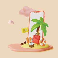 3d Smartphone on Beach with Tourist and Travel Equipment Concept Plasticine Cartoon Style. Vector illustration