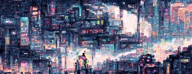 Fototapeta na wymiar Pixel Cyberpunk neon city night. Futuristic city scene in a style of pixel art. 80's wallpaper. Retro future Generative AI illustration. Urban scene.