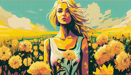 Woman standing in a field of flower, Generative AI