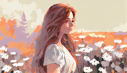 Woman standing in a field of flower, Generative AI