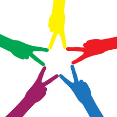 Colorful Hands forming a star. Peace fingers sign forming star. People in unity.