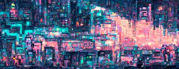 Pixel Cyberpunk neon city night. Futuristic city scene in a style of pixel art. 80's wallpaper. Retro future Generative AI illustration. Urban scene.