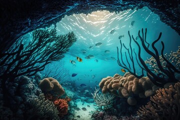 Fototapeta na wymiar View of the coral reef from underwater. Ecosystem. Tropical marine life. Generative AI