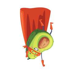Green Avocado Superhero Character Flying Wearing Red Cloak or Cape and Mask as Justice Fighter Vector Illustration