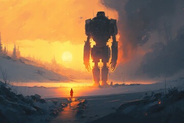 Winter sunset. Giant robot in front of a silhouette.
Generative AI art.