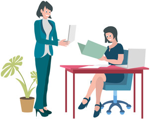 Women sit at table and communicate. Colleagues spend time together during work. Smiling employees discussing tasks at workplace. Working meeting, communication, dialogue, conversation concept