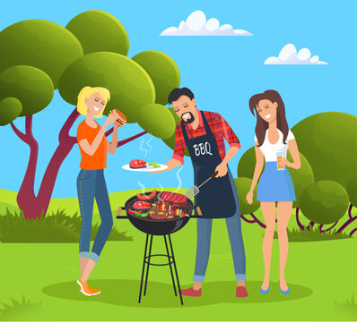 Happy friends at barbecue party concept. People at picnic cooking tasty food on grill outdoors. Friends preparing steak for picnic. Group of young characters grilled meat and have fun together