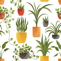 Plant in pot seamless pattern flowerpots set. Cartoon flat different indoor potted decorative houseplants for interior home or office decoration, green garden floral collection isolated on white