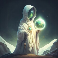 alien robot holding planet ball. Generative AI