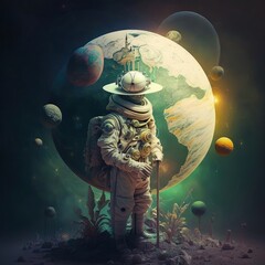 portrait of astro robot, planet background wallpaper. Generative AI