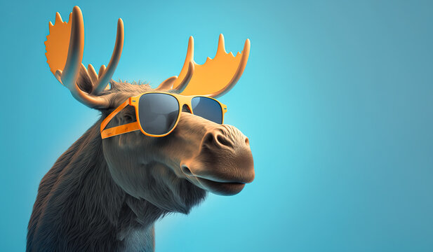 Cute male bull moose with antlers looking cool wearing bright yellow tinted sunglasses on a blue background. Image created with generative ai