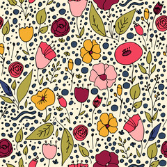 Simple nature floral vector background. Seamless pattern with hand drawn flowers. Line art. Contour drawing. Fashion design for your textile and fabric, wrapping, any surface.