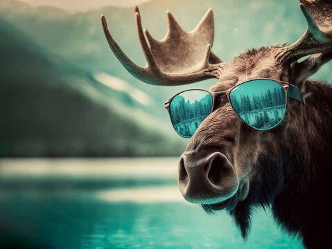 Close up of a bull moose. Cute male bull moose with antlers looking cool wearing bright tinted sunglasses in a northern winter environment. Image created with generative ai