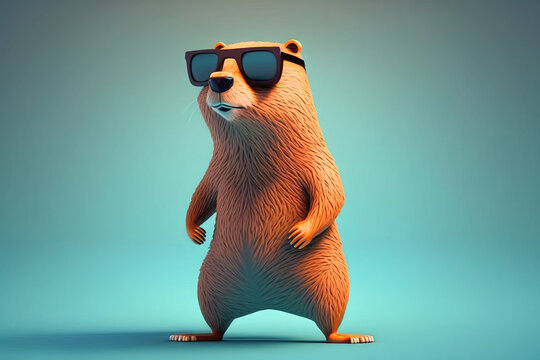 Cute groundhog looking cool wearing bright tinted sunglasses on a blue background standing up on hind legs. Image created with generative ai