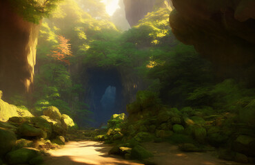 Artwork of a cave entrance, Generative AI