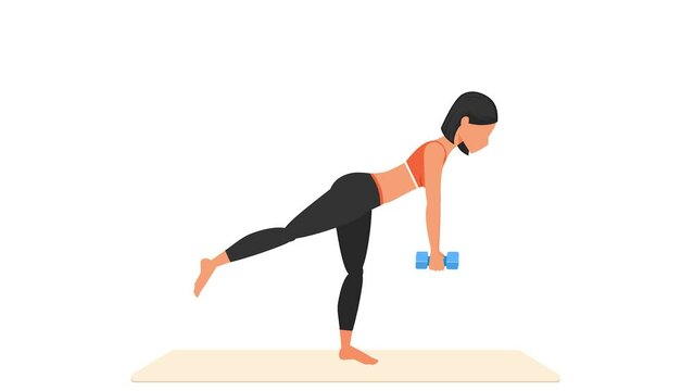 Dumbbell single leg deadlift exercise tutorial. Female workout on mat