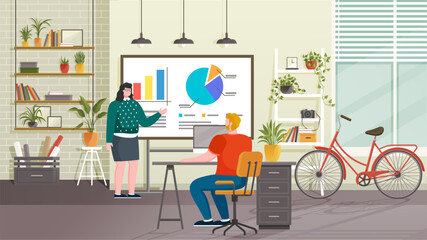 Business meeting in office. People on presentation conference at home. Businessman at project strategy infographic. Team seminar. Manager presents financial report of company. Interior with bike