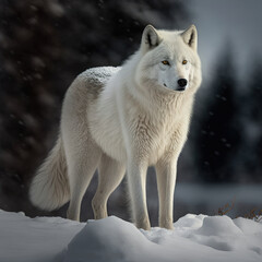 Obraz premium A portrait of a white wolf standing in a snowy forest. Created with Generative AI.