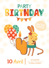 Invitation for a child party. Happy birthday card template. Vector illustration.