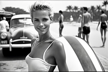 Cute surfer young girl in bikini swimsuit with beautiful smile, on the beach with surfboard.  Black and white image created with generative ai. - obrazy, fototapety, plakaty