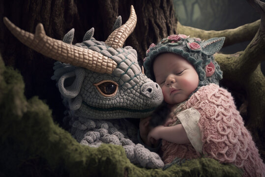 newborn baby with motherly dragon oracle goddess theme knitted fabrics soft colours shimmering meadow oak tree,generative ai.