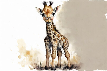 Cute baby giraffe standing watercolor, Generative AI