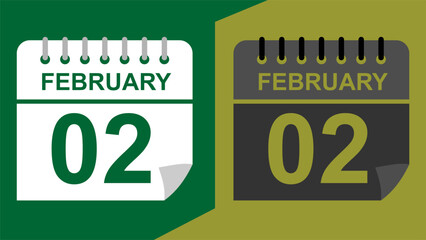 February 02 calendar date on green background or isolated icons with hollow background.