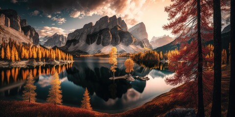 Sunset view of Lake Federa in the Dolomites during the autumn. Fantastic autumnal scene in the Dolomites with a colorful sky, imposing rocky mount, and vibrant trees glowing in the sun. Federa Lake wi