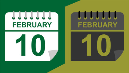 February 10 calendar date on green background or isolated icons with hollow background.