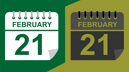 February 21 calendar date on green background or isolated icons with hollow background.