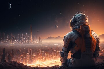 Astronaut watching acity on another planet made with generative ai