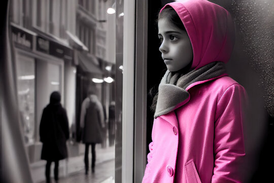 Colorful childhood series - little Middle Eastern girl standing in front of expensive clothes store looking through the window, Generative AI