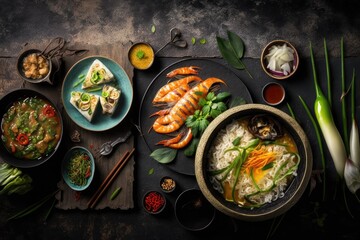 Various of asian meals on rustic background , top view , place for text. Asian food concept. Generative AI