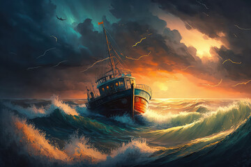 illustration painting Pirate ship navigating during a storm. Thunder, rain big waves on the ocean. Black boat setting sails on rough water, sea. Digital artwork, painting. (ai generated) - obrazy, fototapety, plakaty