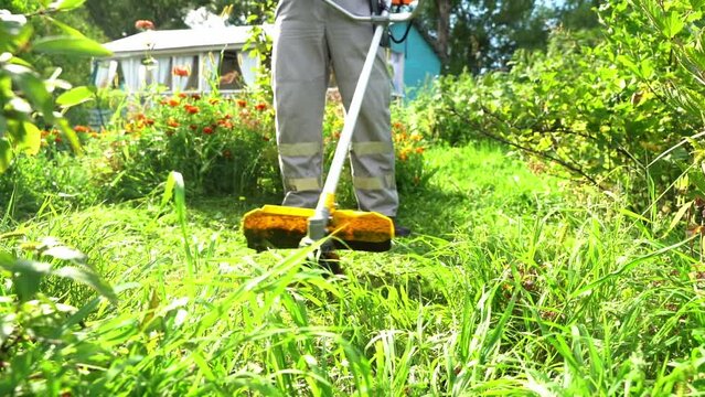 a man mows the grass with a grass trimmer