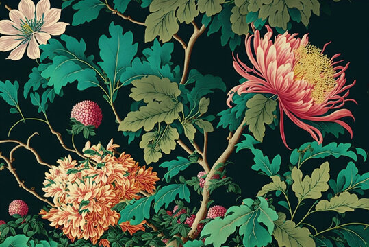floral botany flowers plants leaves petals flowering blossoming  thriving prolific lush verdant colorful palette Japanese classical painting background,generative ai.