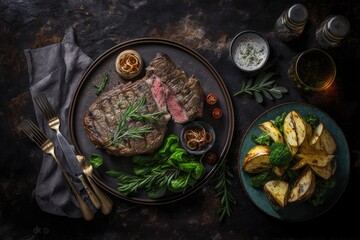 Delicious outdoor table with steak, baked potatoes on dark background, top view. Rustic food cooking. Generative AI