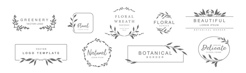 Logo templates with hand drawn silhouettes of branches and leaves. Elegant vector floral frame for labels, corporate identity, wedding invitation save the date. - obrazy, fototapety, plakaty