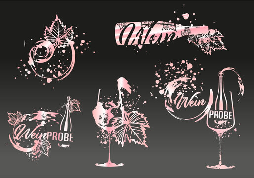 Collection of wine glasses and bottles - Wine Designs. Sketch vector illustration. Hand drawn elements for invitation cards, advertising banner and menu cards. Wine glasses with splashing wine.
