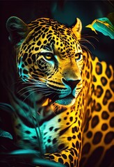Photography, close up of a vivid yellow jaguar in the jungle, neon colors, spotlight. Generative AI.