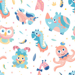 Cute baby animals seamless pattern. Childish background, textile, wallpaper, cover, banner, wrapping paper design vector illustration
