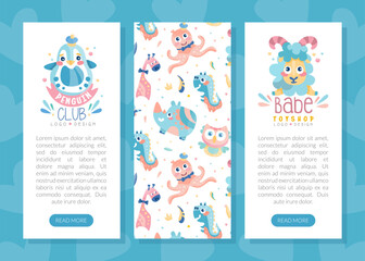 Penguin club landing page template. Baby shop, kids center, play zone website, homepage hand drawn vector illustration