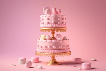 Birthday pink cake decorated with sweets, macarons on a pink background. 3d. Generative AI