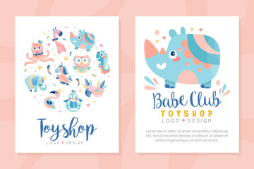 Tpy shop logo design. Baby club, education center, play zone labels, badges with cute animals and birds vector illustration